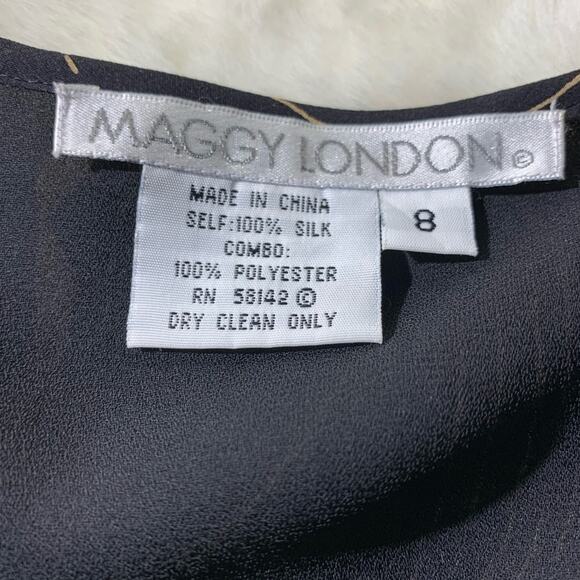 Maggie London Top Blouse Silk Black Tan V-Neck Long Sleeve Dressy Top Size 8 NEW - Picture 2 of 12